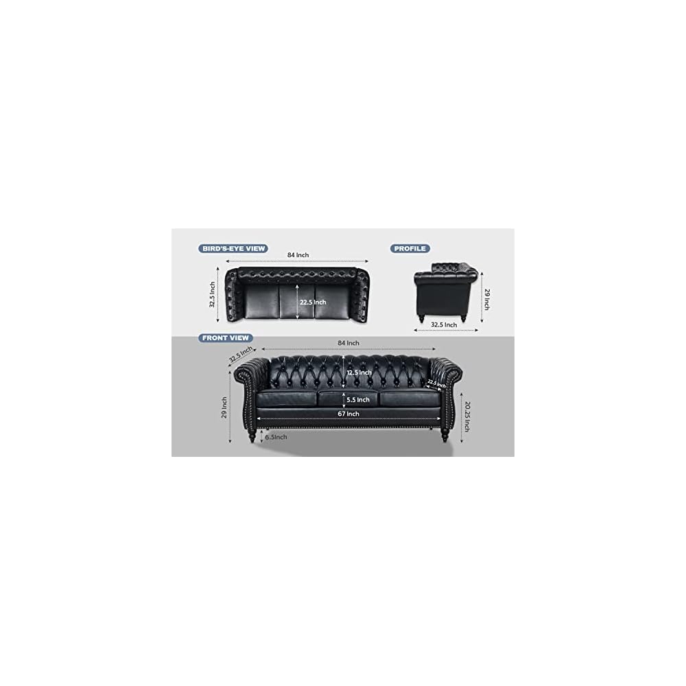 Black Chesterfield Sofa, Faux Leather Sofa Set for Living Room, Luxury Comfy Deep-Seat 3-Seater Couch and Two-Chair Set， for Bedroom, Office, or Apartment. Tool-Free 3-Piece Assembly