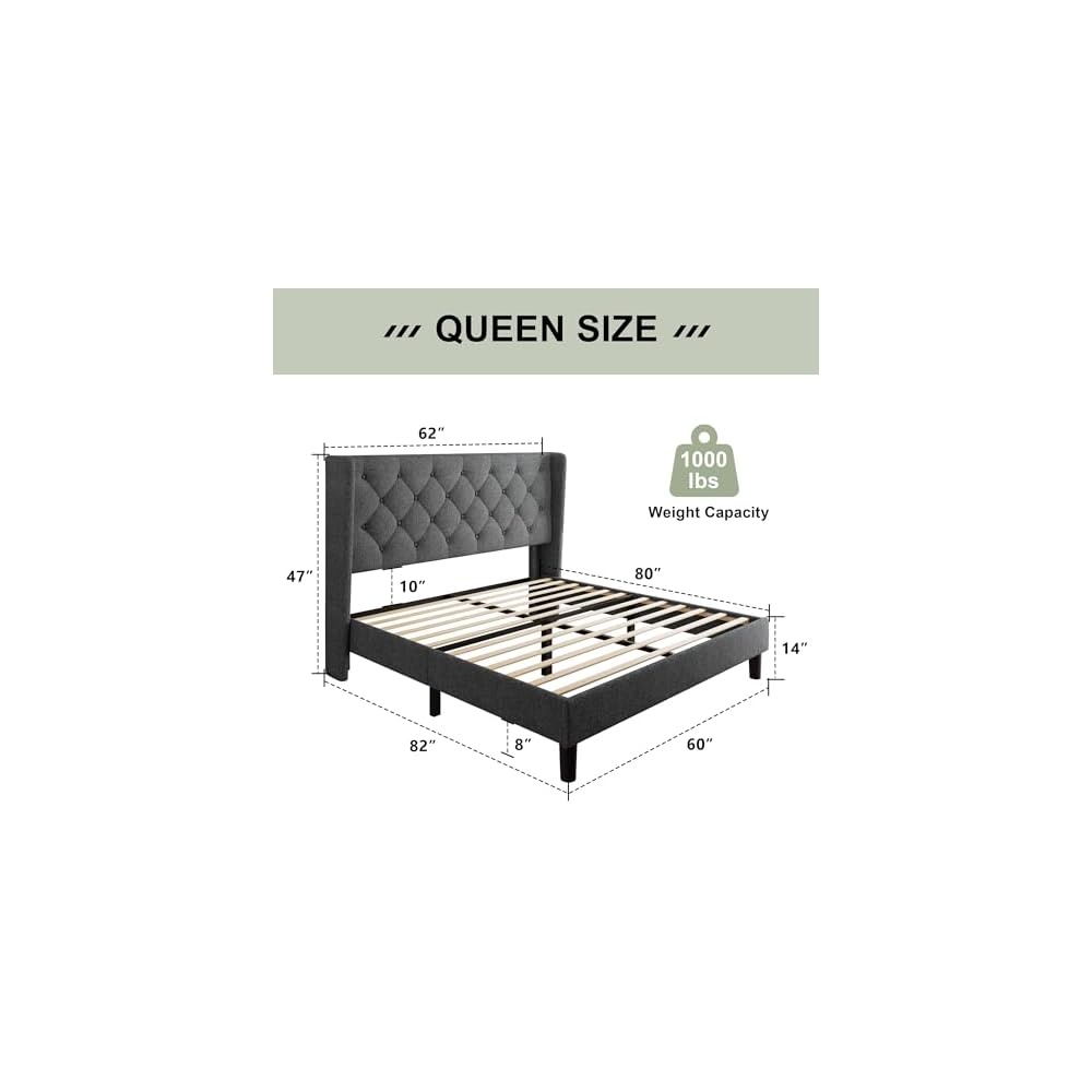 Queen Size Bed Frame with Diamond Tufted Wingback Headboard, Morden Upholstered Platform Bed, Sturdy Wooden Slats Support, Noise-Free, No Box Spring Needed, Easy Assembly, Dark Gray