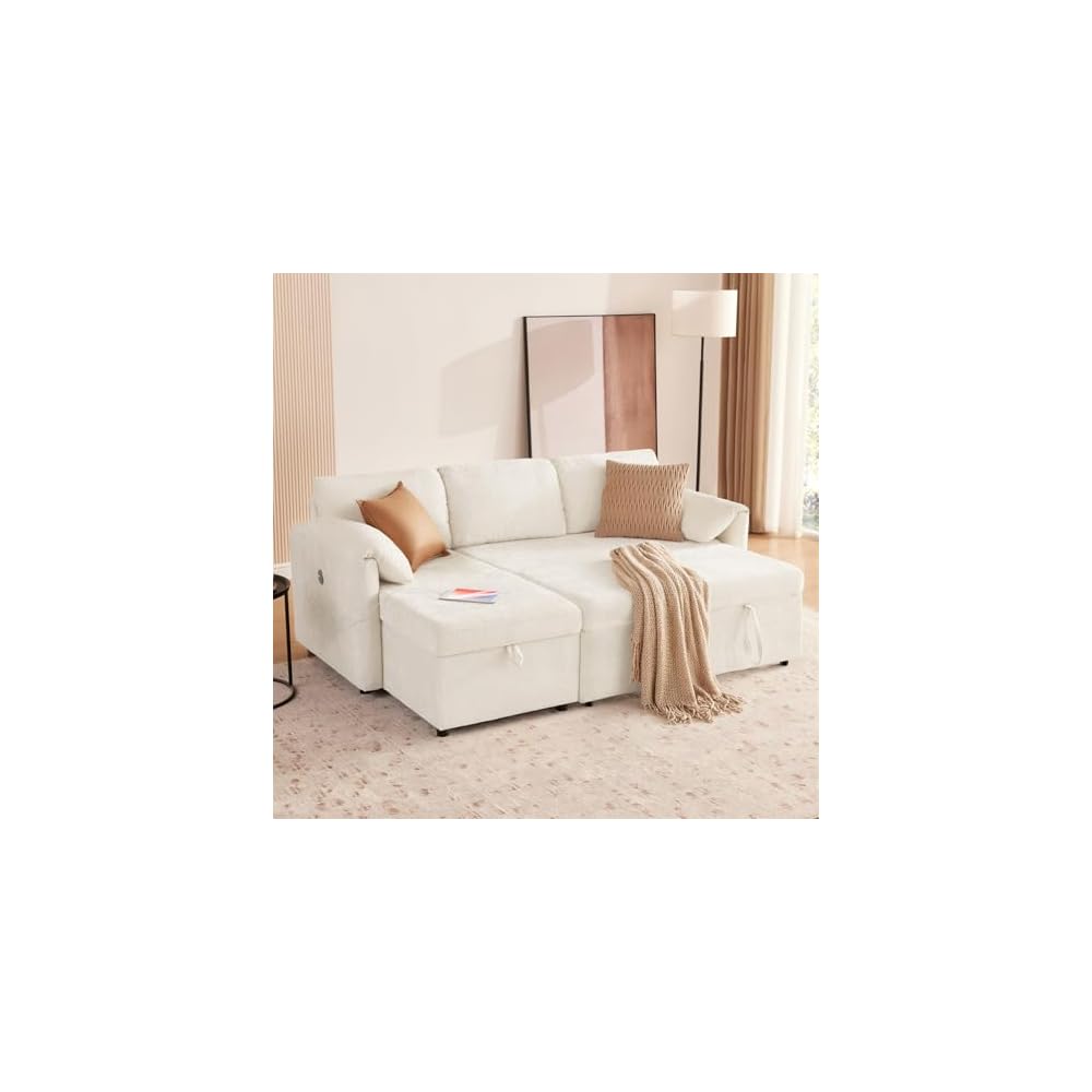 83'' 3 in 1 Sleeper Sofa Couch with USB & Storage Chaise, Sherpa Sofa Bed with Pull Out Bed, Convertible Sleeper Sofas for Living Room, Small Spaces, White