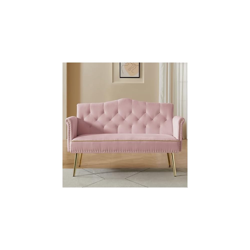 Velvet Loveseat Sofa,Small 2 Seater Couch with Nailhead Trim and Side Pockets for Living Room Apartment (Pink)
