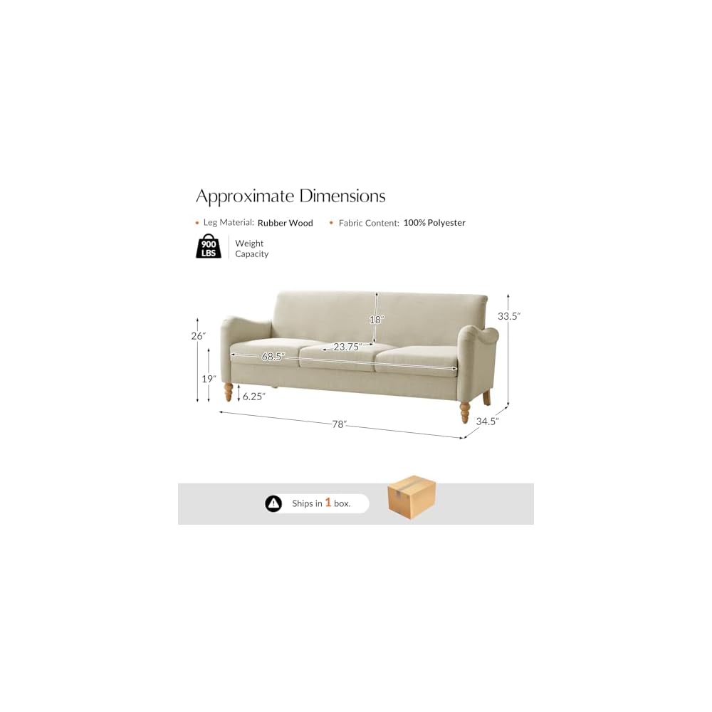 Farmhouse Curved Couch, 3 Seater Upholstered Sofa, Linen