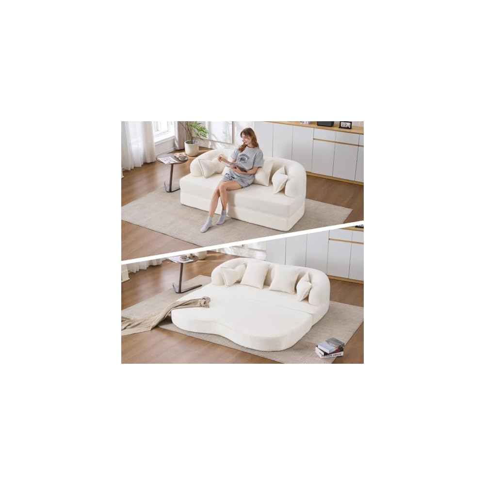 2-in-1 Chenille Convertible Love Seat Sleeper Sofa, 70'' Folding Compressed Sofa Bed with 4 Pillows, Modern Boneless Curved Couch for Living Room, Apartment, No Assembly, White