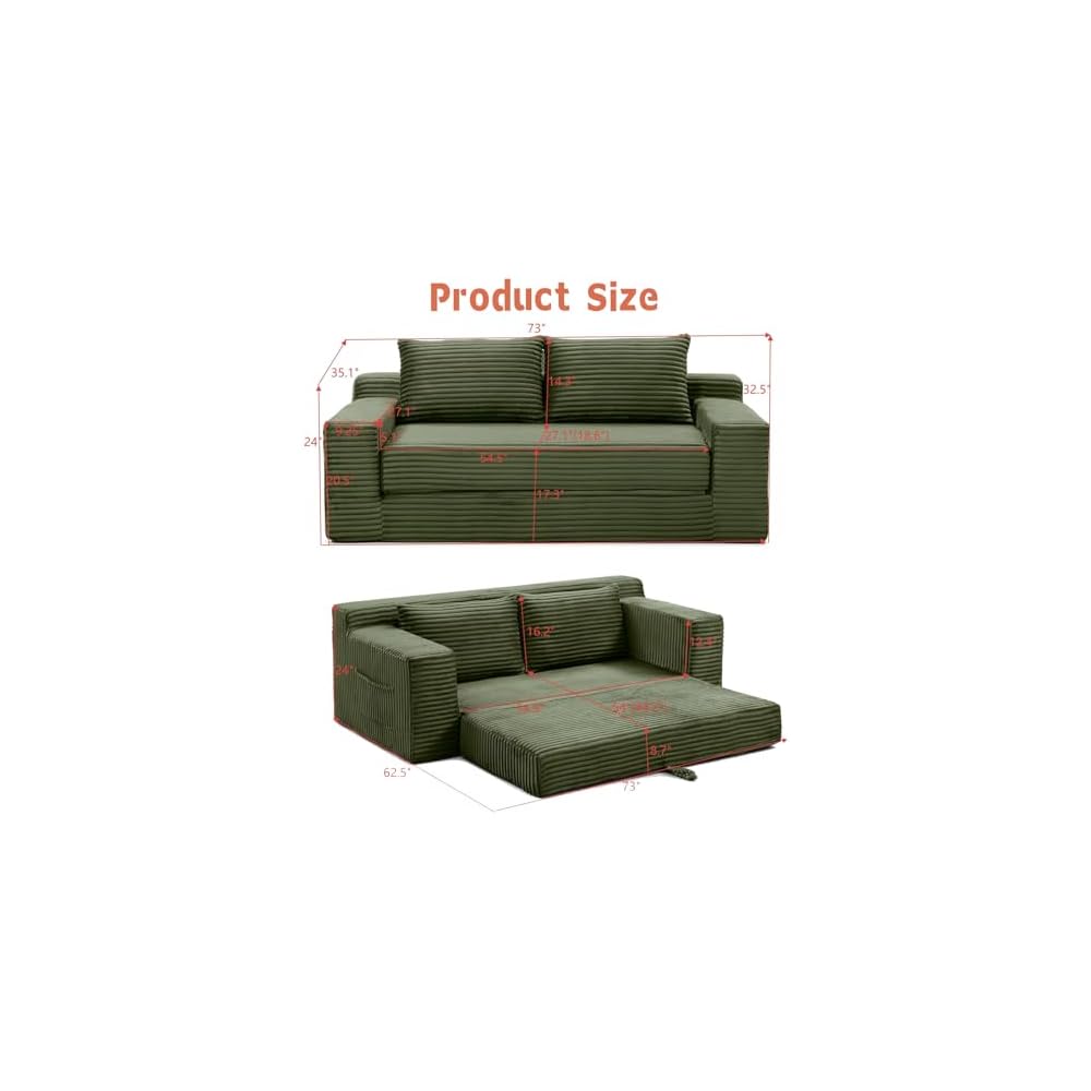 73" Green Boneless Loveseat Couch, 2 in 1 Pull Out Sleeper Sofa with Side Pockets & 2 Pillows, Folding Convertible Corduroy Floor Couch for Apartment Living Room Bedroom Dorm, No Assembly