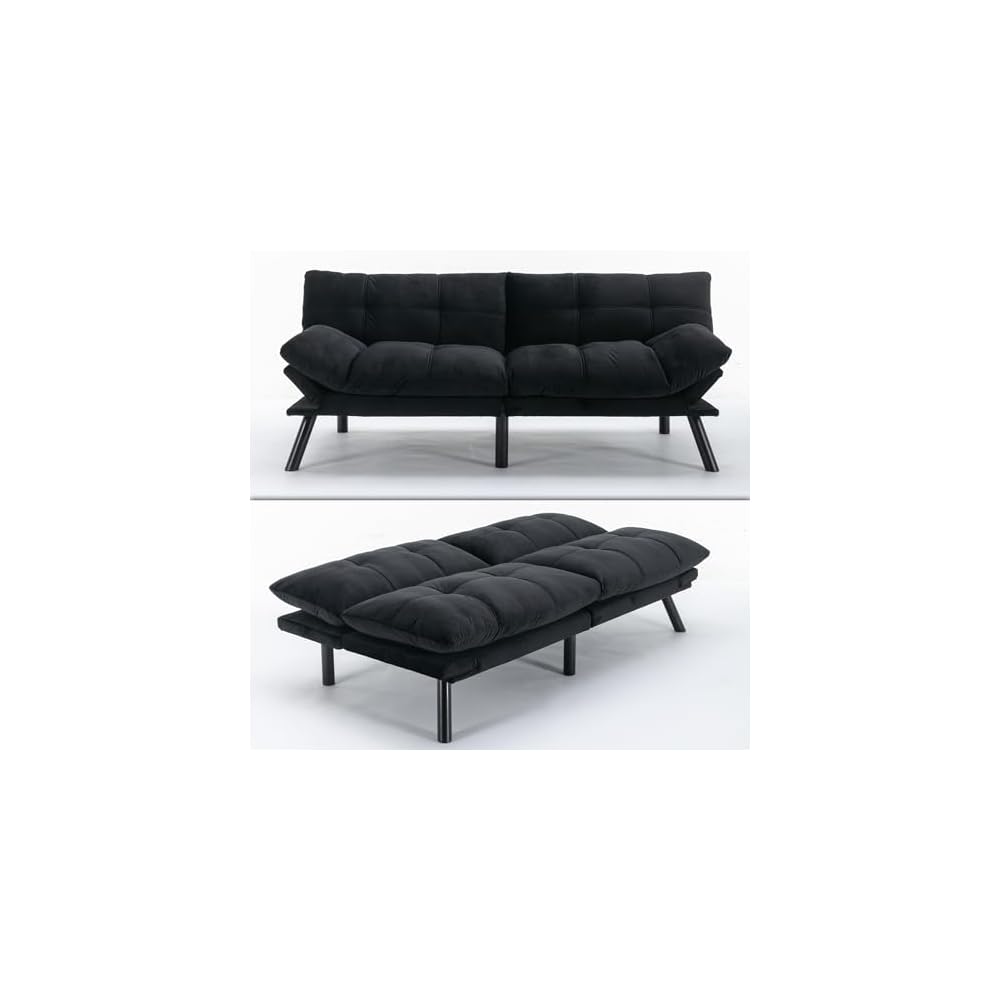 71" Velvet Futon Couch Bed with Mattress Included,Convertible Folding Sleeper Sofa Bed with Adjustable Backrests,Modern Loveseat Sleeper for Living Room Bedroom Small Space Home Office (Black)