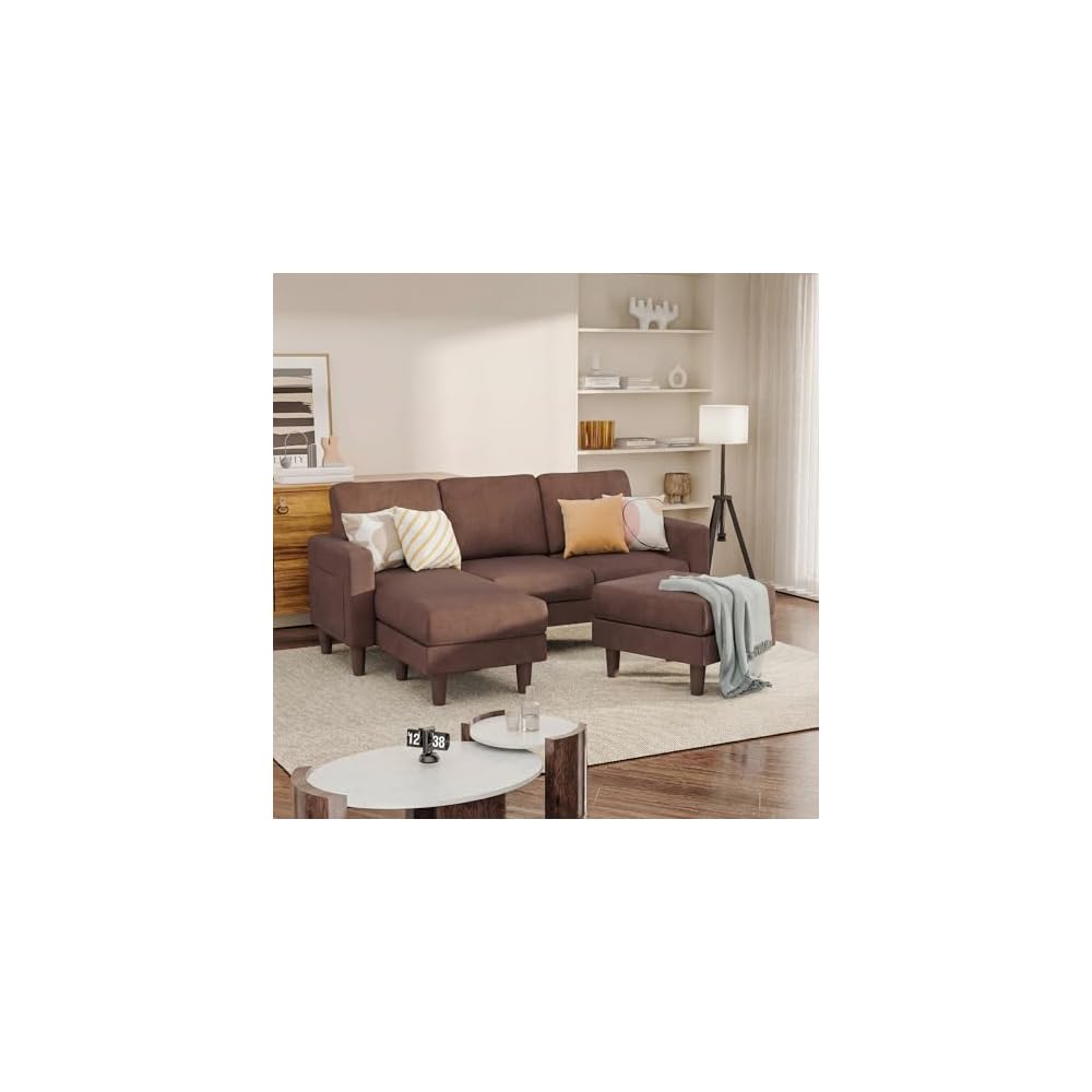 L Shape Sectional Sofa Couch, 3 Seat Convertible Sofa with Movable Ottoman and Side Storage Pockage, Modern Couches for Living Room & Apartment (Linen, Brown)