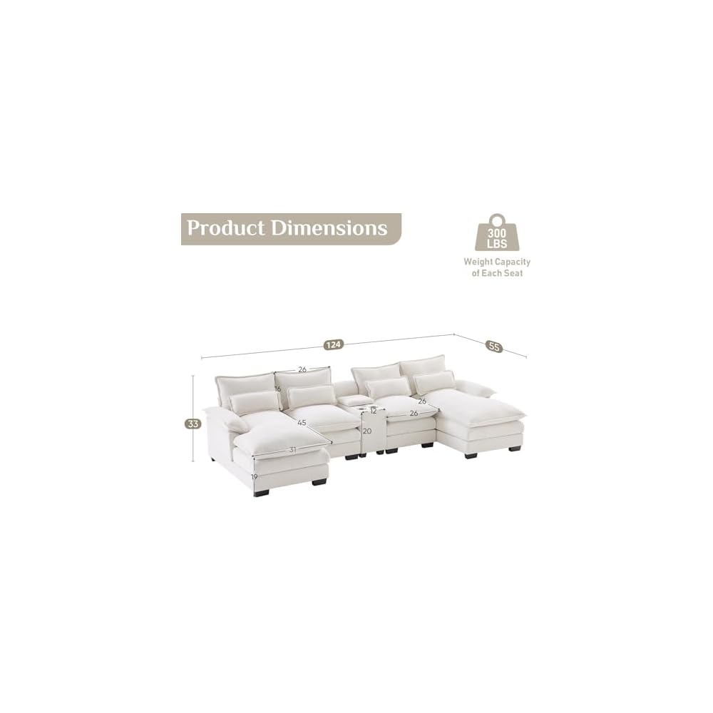 124" Oversized U Shaped Cloud Couch Modular Sectional Couches for Living Room Comfy Chenille Deep Seat Sofa Set with Double Chaise Lounge, Storage Central Console, Cup Holders, USB Port, Beige