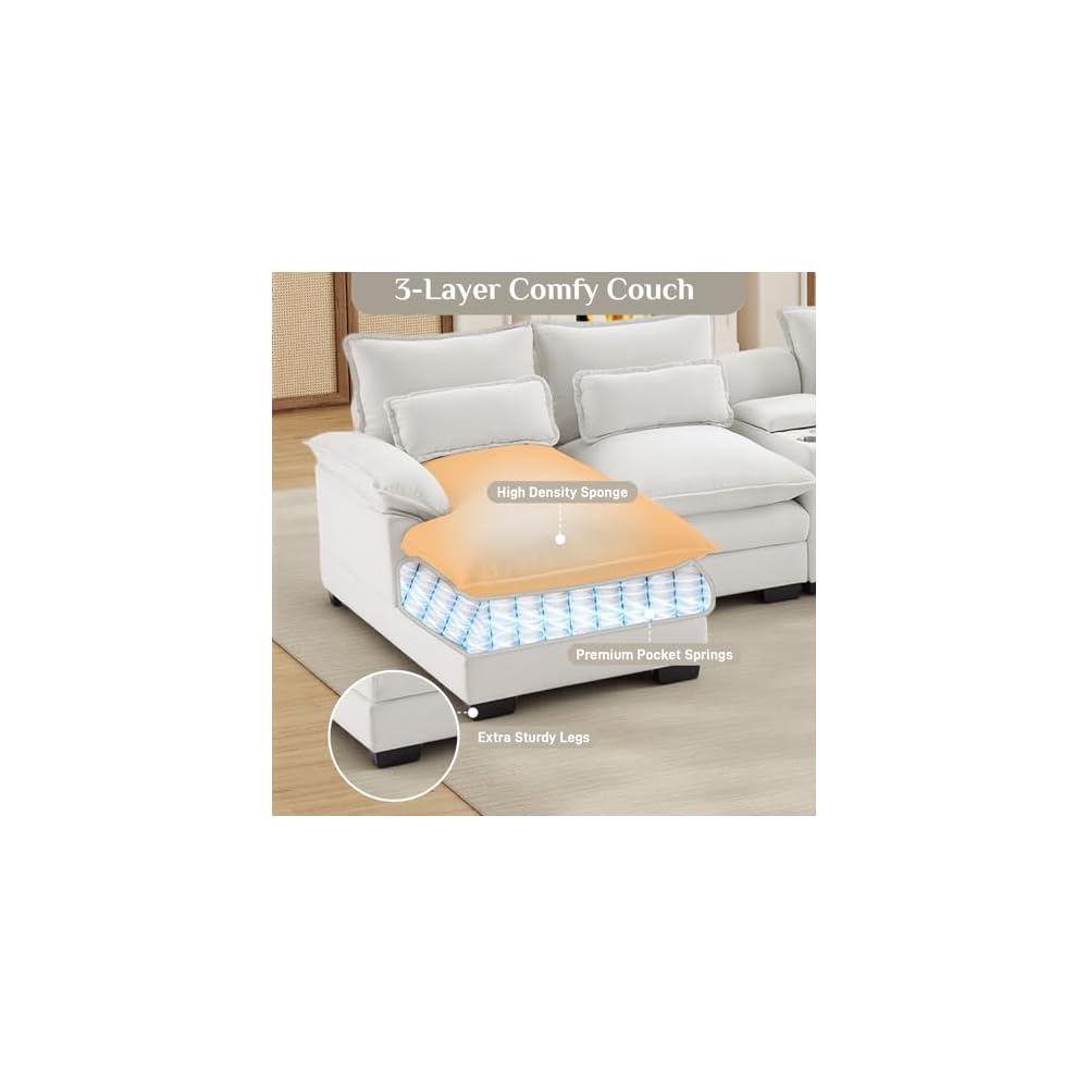 124" Oversized U Shaped Cloud Couch Modular Sectional Couches for Living Room Comfy Chenille Deep Seat Sofa Set with Double Chaise Lounge, Storage Central Console, Cup Holders, USB Port, Beige