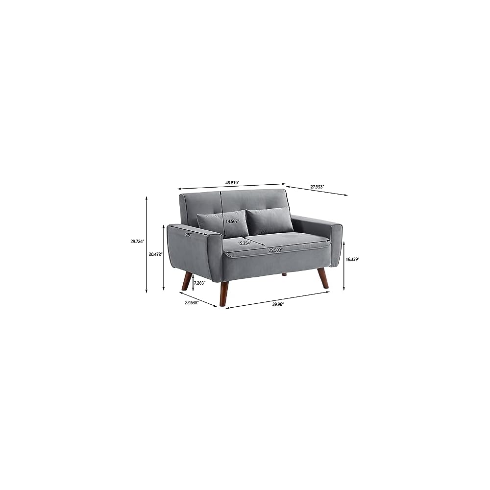 48" Small Loveseat Sofa, Modern Linen Fabric Love Seat Couch, Upholstered 2-Seat Sofa with 2 Pillows and Wood Legs for Living Room, Apartment, Bedroom and Small Spaces,LightGrey