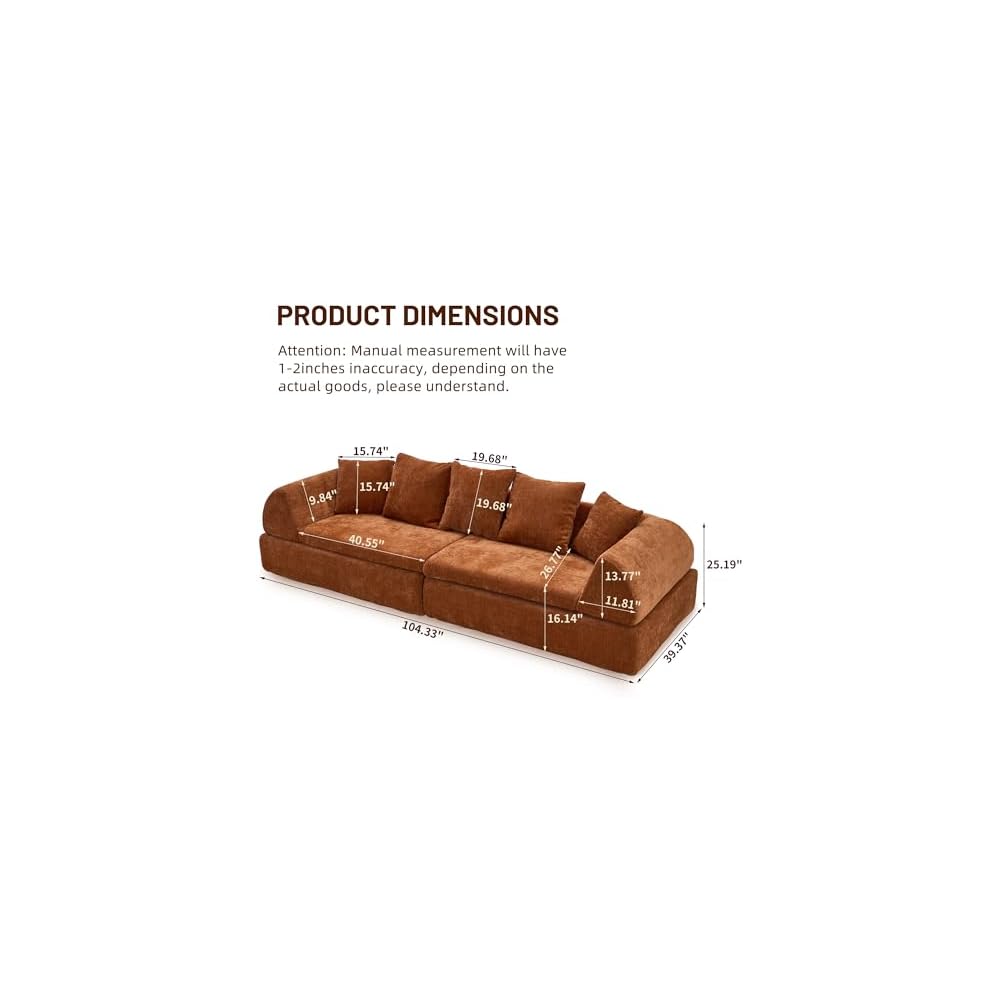 Cloud Modular Sectional Sofa - Boneless Couch with Ottoman & Deep Fluffy Seat, No Assembly Required for Living Room and Bedroom, (Orange, 104 inch, 3)