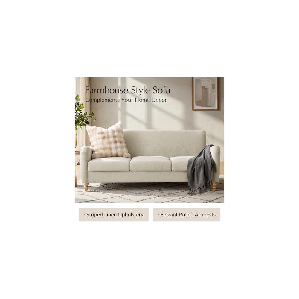 Farmhouse Curved Couch, 3 Seater Upholstered Sofa, Linen