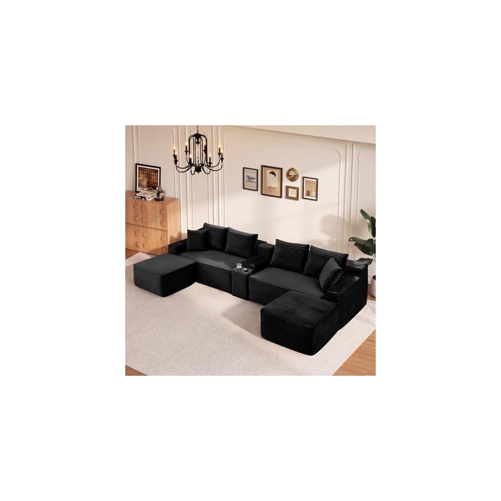 127" U-Shaped Cloud Boneless Sectional Couch, Oversized Compressed Modular Sectional Sofa with USB & Storge Console, Fluffy Corduroy Boneless Couches for Living Room with 2 Ottomans, Black