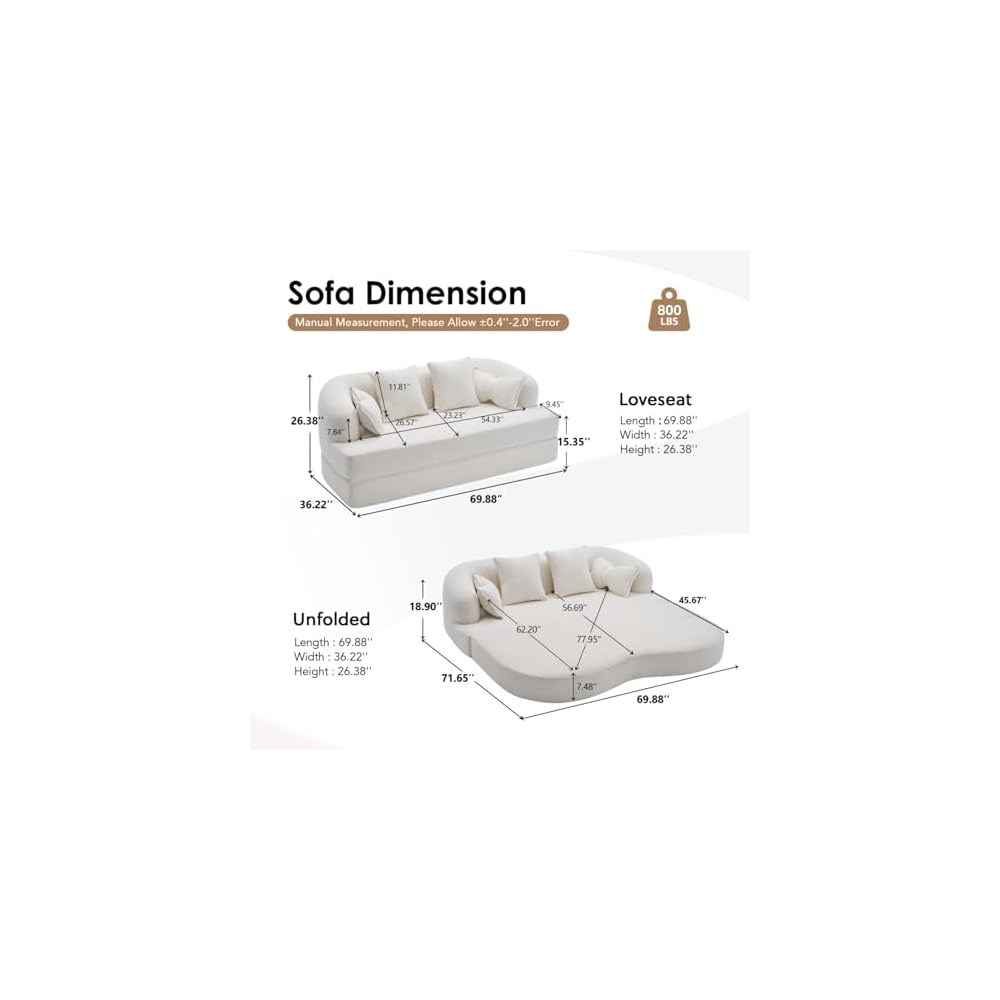 2-in-1 Chenille Convertible Love Seat Sleeper Sofa, 70'' Folding Compressed Sofa Bed with 4 Pillows, Modern Boneless Curved Couch for Living Room, Apartment, No Assembly, White
