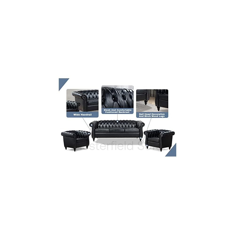 Black Chesterfield Sofa, Faux Leather Sofa Set for Living Room, Luxury Comfy Deep-Seat 3-Seater Couch and Two-Chair Set， for Bedroom, Office, or Apartment. Tool-Free 3-Piece Assembly