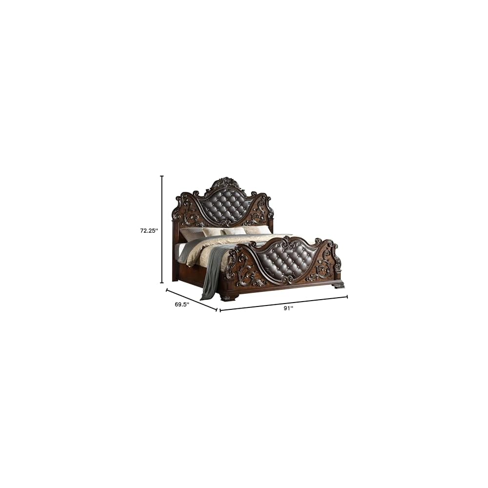 Cosmos Furniture Santa Monica Traditional Queen Bed - Cherry Finish Wood Bed with Tufted Headboard, Nail Head Trim - Queen Size for Classic Bedroom Decor