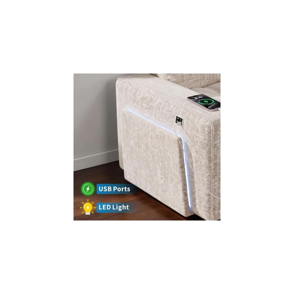 102" Sectional Sleeper Sofa with Pull-Out Bed 8 Seat Modern U-Shaped Modular Couch Reclining Backrest, USB Ports, LED Light, Side Table, Storage Seat, Tool-Free Assembly, Chenille Beige