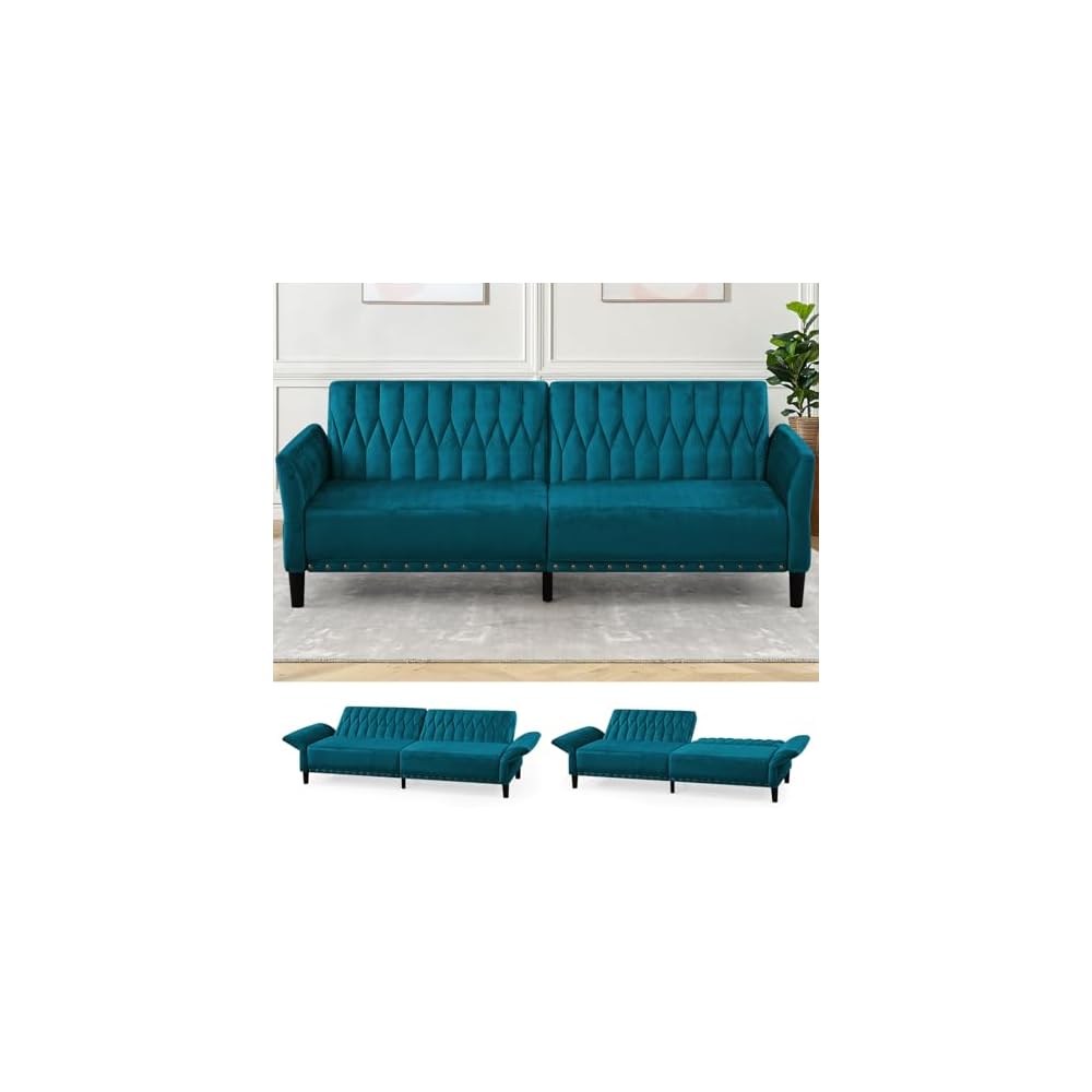 77" Velvet Futon Sofa Bed w/Adjustable Backrests & Armrests, Teal