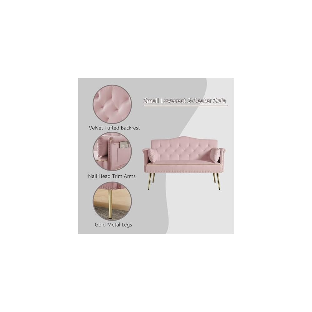 Velvet Loveseat Sofa,Small 2 Seater Couch with Nailhead Trim and Side Pockets for Living Room Apartment (Pink)