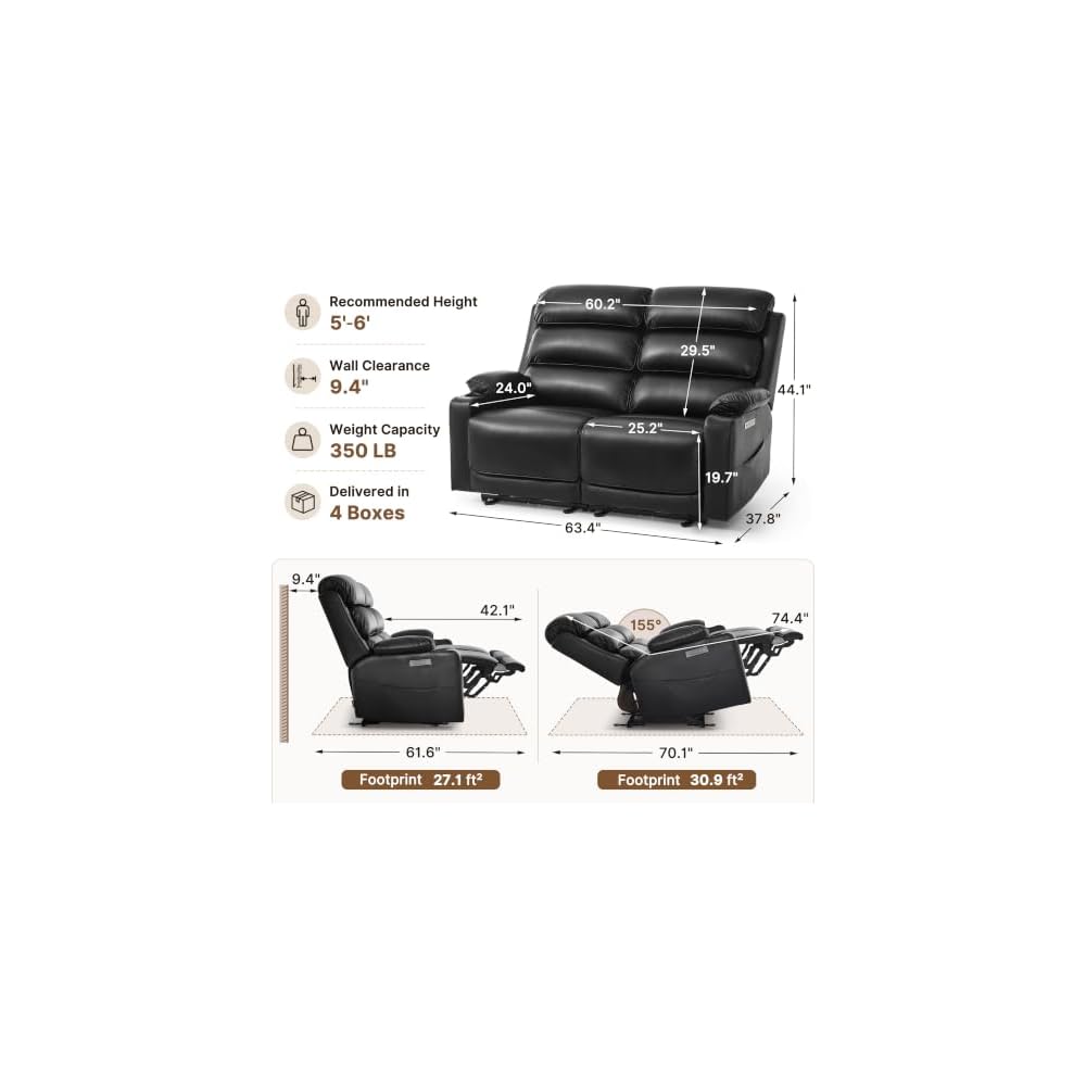 64 in Oversized Reclining Loveseat with Heat & Massage 6711 (Black)
