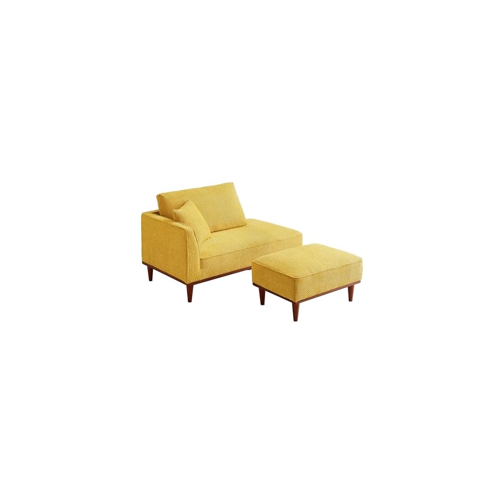 Upholstered Chaise Lounge Chair Indoor with Ottoman & Armrest & Lumbar Pillow, Boucle Fluffy Reading Chair, Modern Leisure Recliner Sofa for Office Living Room Bedroom (Yellow, Left Facing)