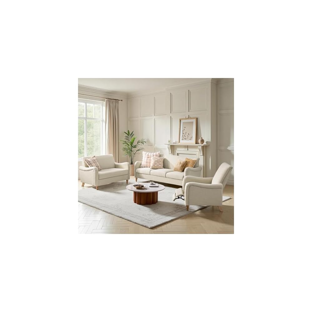 Farmhouse Curved Couch, 3 Seater Upholstered Sofa, Linen