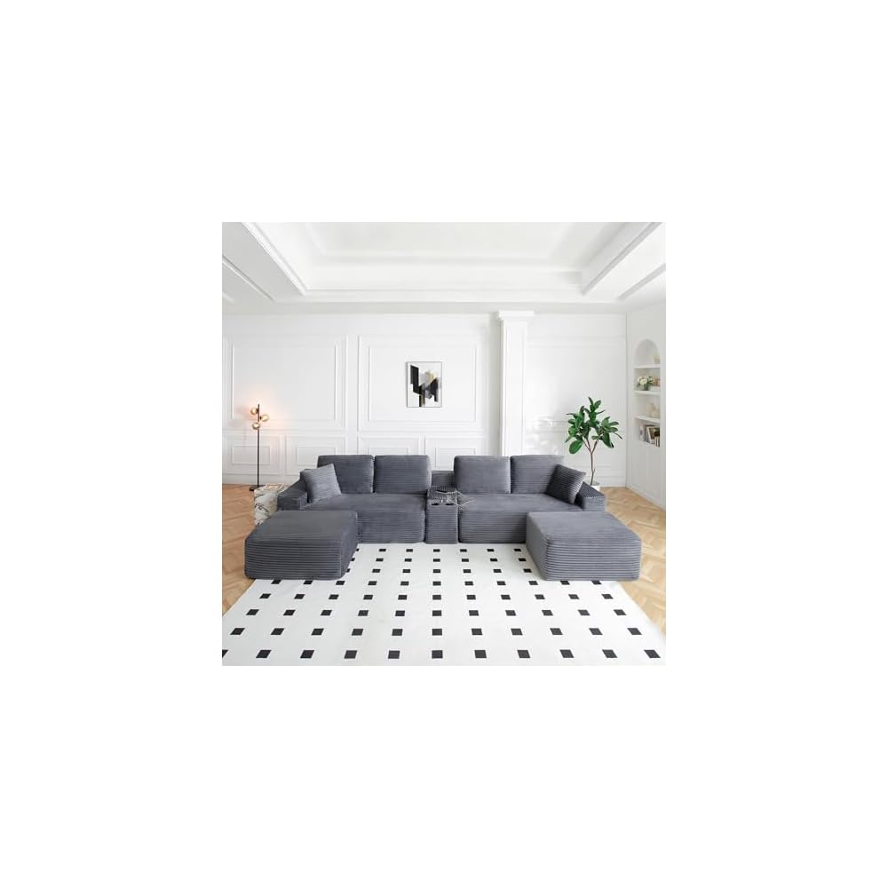 150 Inch Modular Sectional Sofa Couch, Oversized Modern Cloud Couch for Living Room, U Shape Couches with 2 Ottomans, USB Ports and Cup Holders, Corduroy Boneless Sofas, Sofa in a Box, Grey