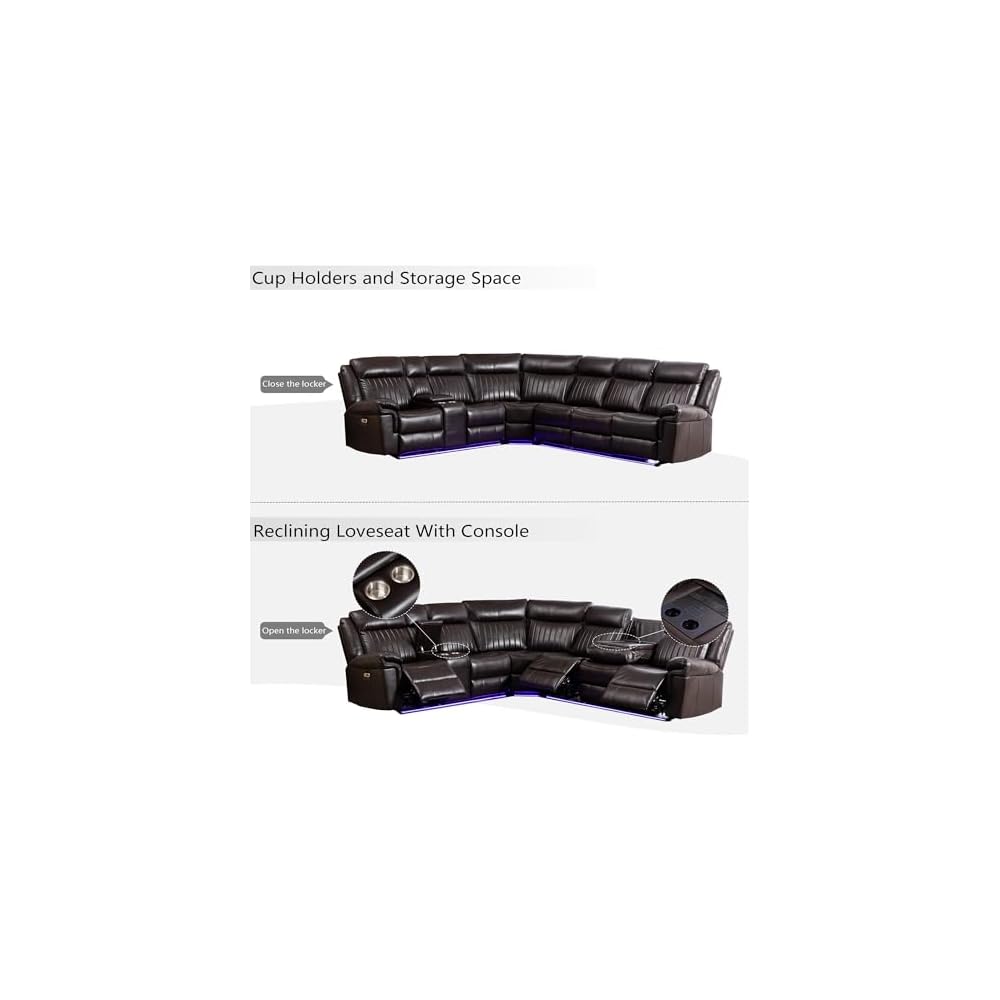 Power Reclining Sectional Sofa Set, L-Shaped Faux Leather, Brown