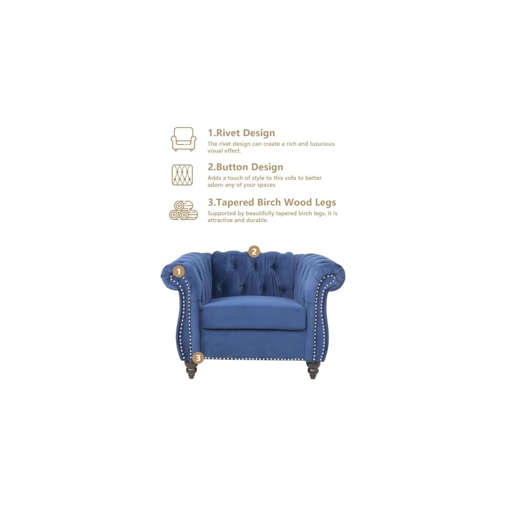 3 Piece Living Room Couch Set, Sectional Chesterfield Sofa Chair Contemporary Upholstered Velvet Loveseat Sofa Sets for Living Room, Office, Small Apartment