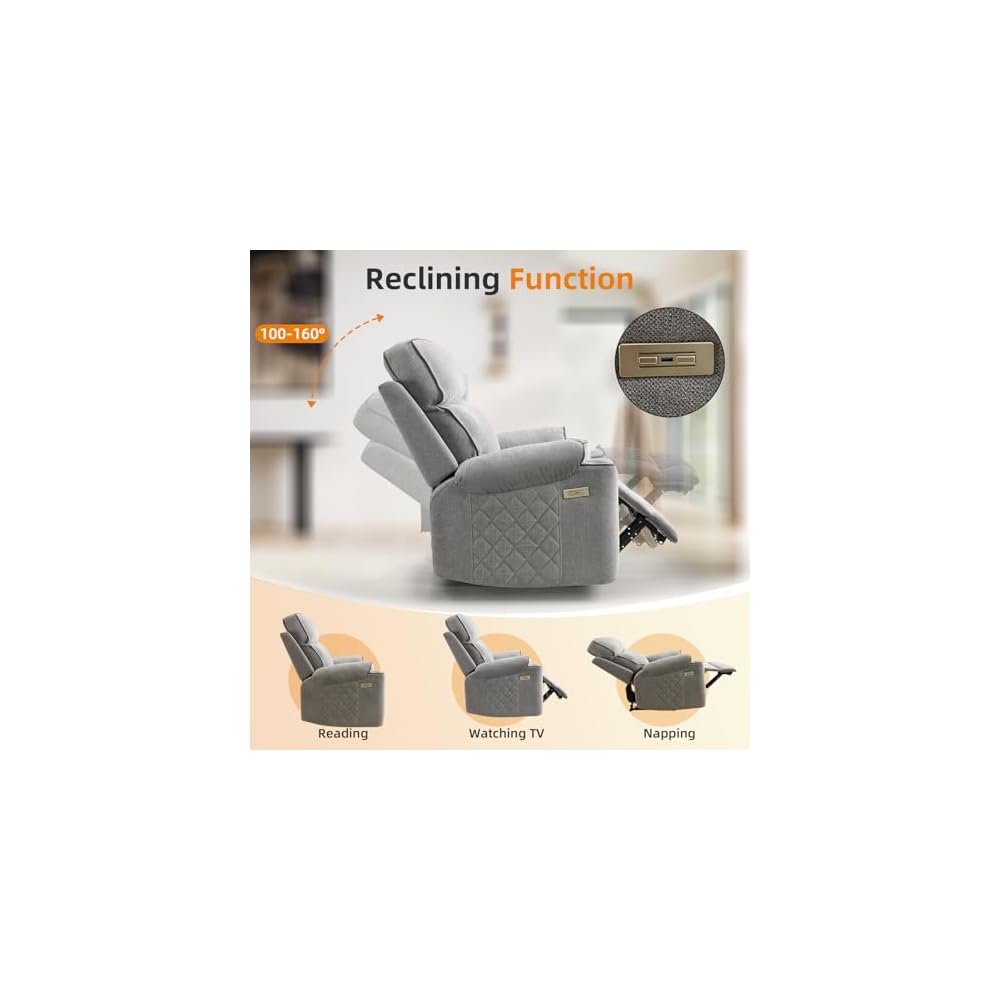 Power Recliner Chair, Electric Fabric Reclining Sofa with Cup Holders, USB Type-C Charging Ports, for Small Living Room, Bedroom and Meeting Room, Grey