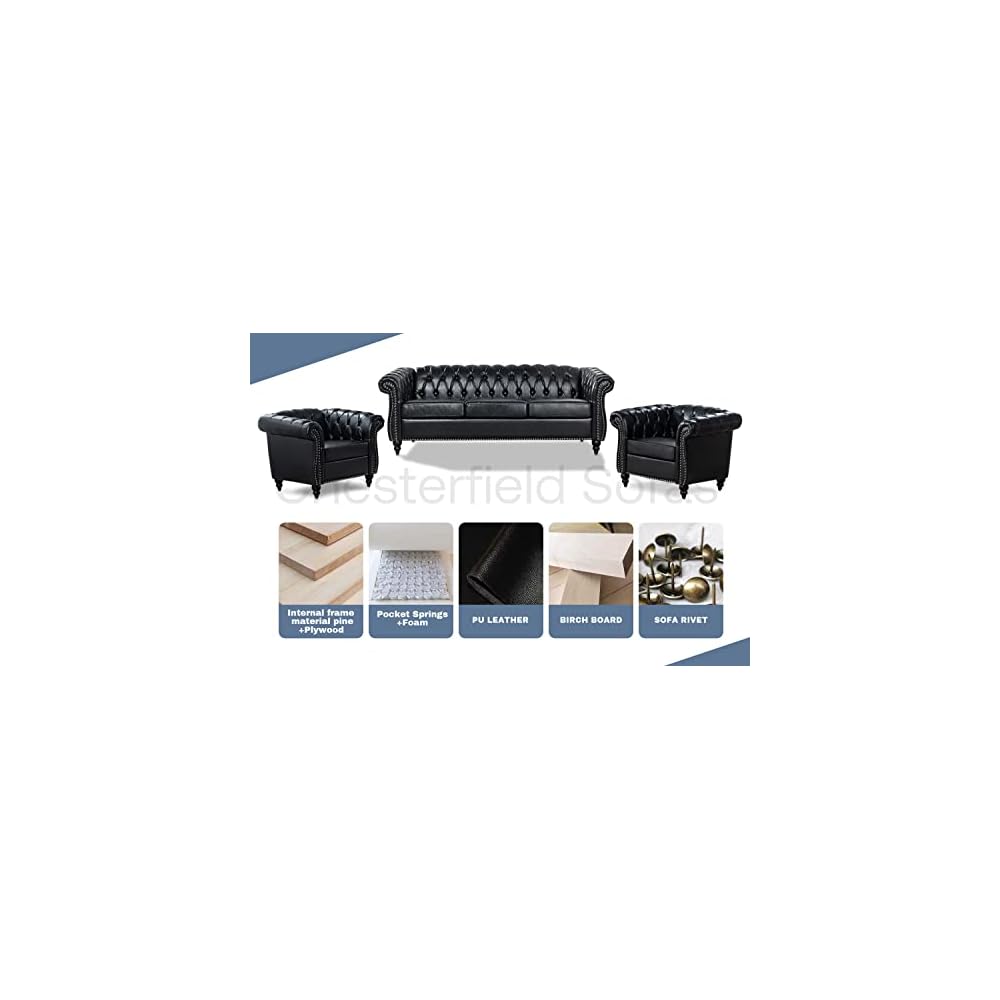 Black Chesterfield Sofa, Faux Leather Sofa Set for Living Room, Luxury Comfy Deep-Seat 3-Seater Couch and Two-Chair Set， for Bedroom, Office, or Apartment. Tool-Free 3-Piece Assembly