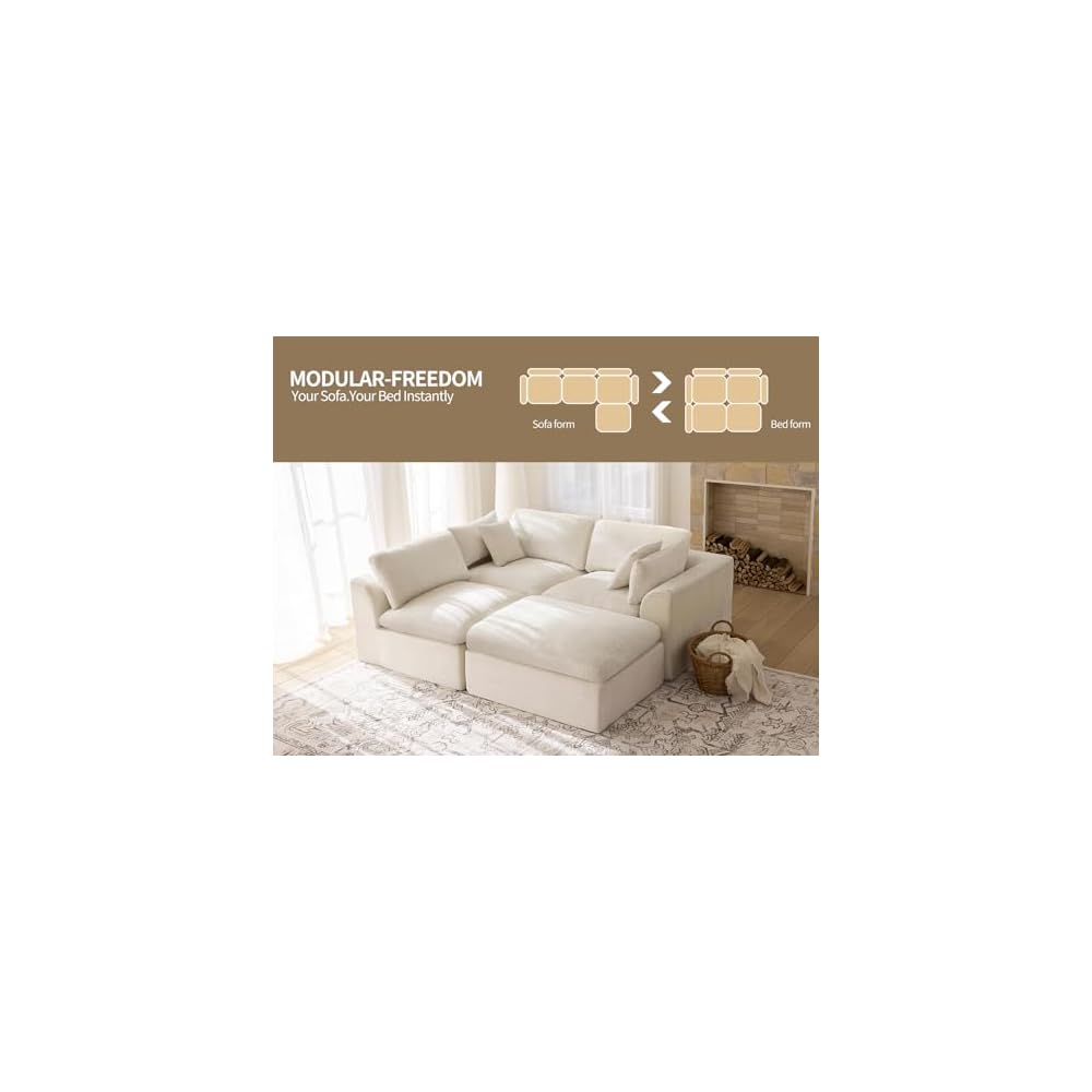 115" Modular Sectional Sofa – Modern Cloud Couch with Deep Chenille Seats, L-Shaped Boneless Sofa, Pet-Friendly, No Assembly, Warm White