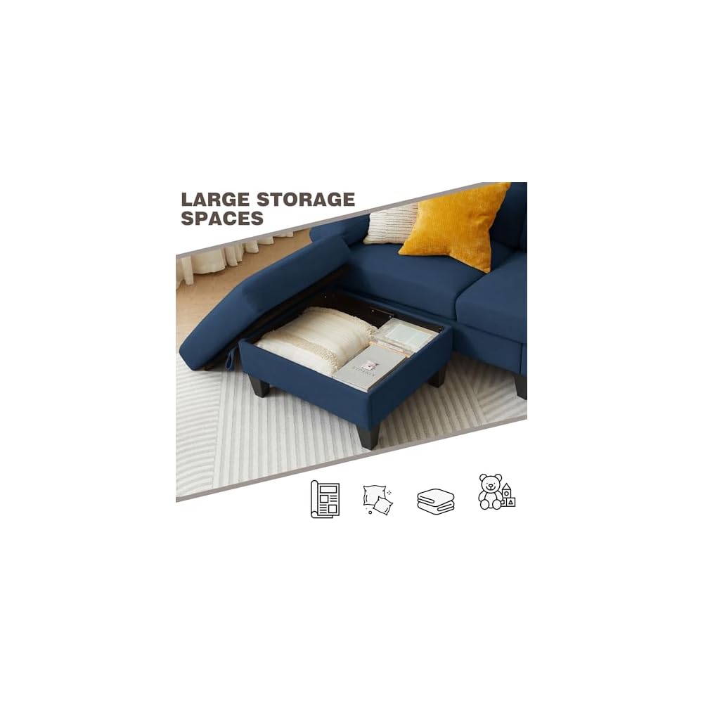 84" Convertible Sectional Sofa, Deep 3-Seat L Shaped Sectional Couch with Ottoman, Modern Linen Upholstered Couches for Living Room, Apartment and Small Spaces (Blue)