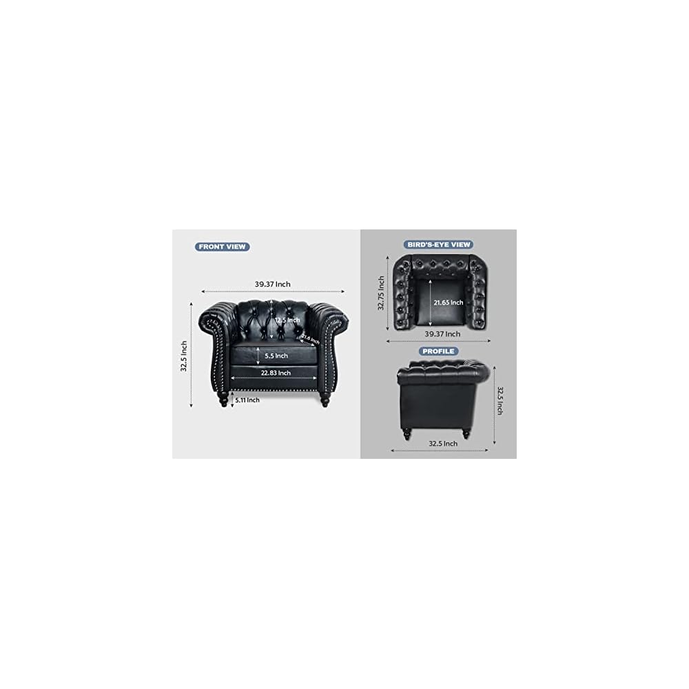 Black Chesterfield Sofa, Faux Leather Sofa Set for Living Room, Luxury Comfy Deep-Seat 3-Seater Couch and Two-Chair Set， for Bedroom, Office, or Apartment. Tool-Free 3-Piece Assembly