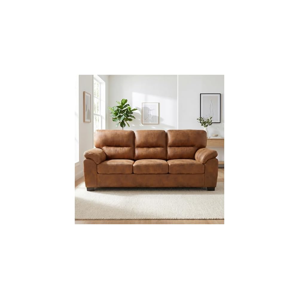 81" Faux Leather Sofa, Mid-Century Modern 3 Seater Couch, Light Brown