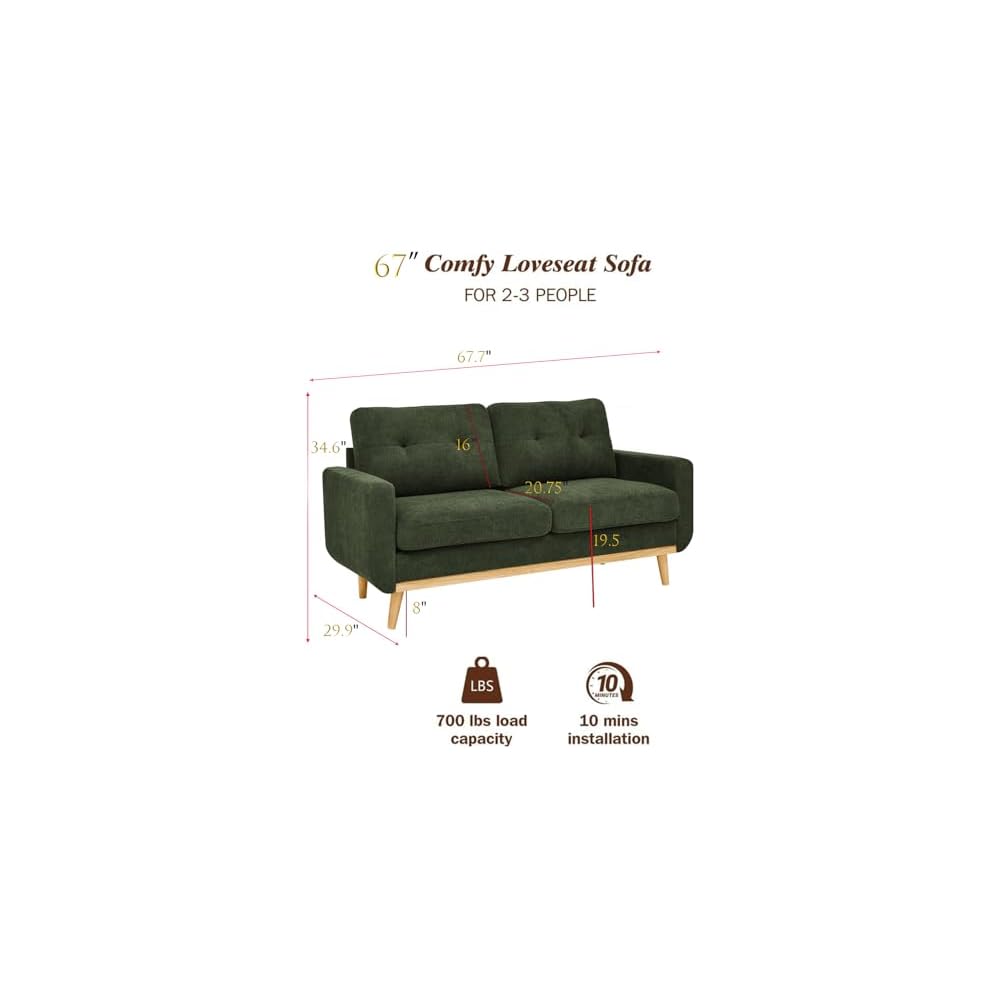 67" Green Loveseat Sofa, Mid Century Modern Love Seat Sofas and Comfy Couches for Living Room, Button Tufted Small Cloud Couch for Bedroom Office Apartment Small Space, Easy Assembly (Dark Green)