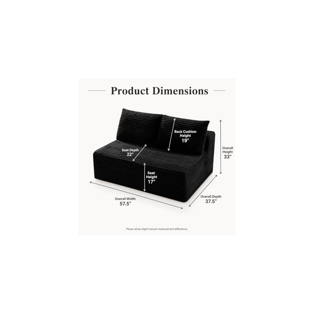 57" Black Small Armless Loveseat Sofa, 2 Seater Cloud Couches