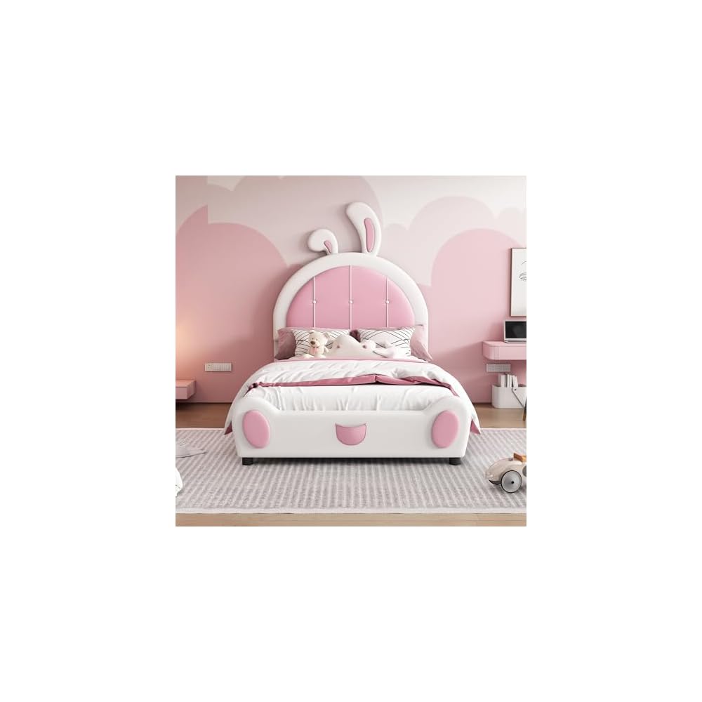 Twin Size Upholstered Platform Bed with Rabbit Shaped Headboard, White and Pink PU Bed Frame, Cute Cartoon Ear Design for Children Bedroom, Wooden Slat Support, No Box Spring Needed
