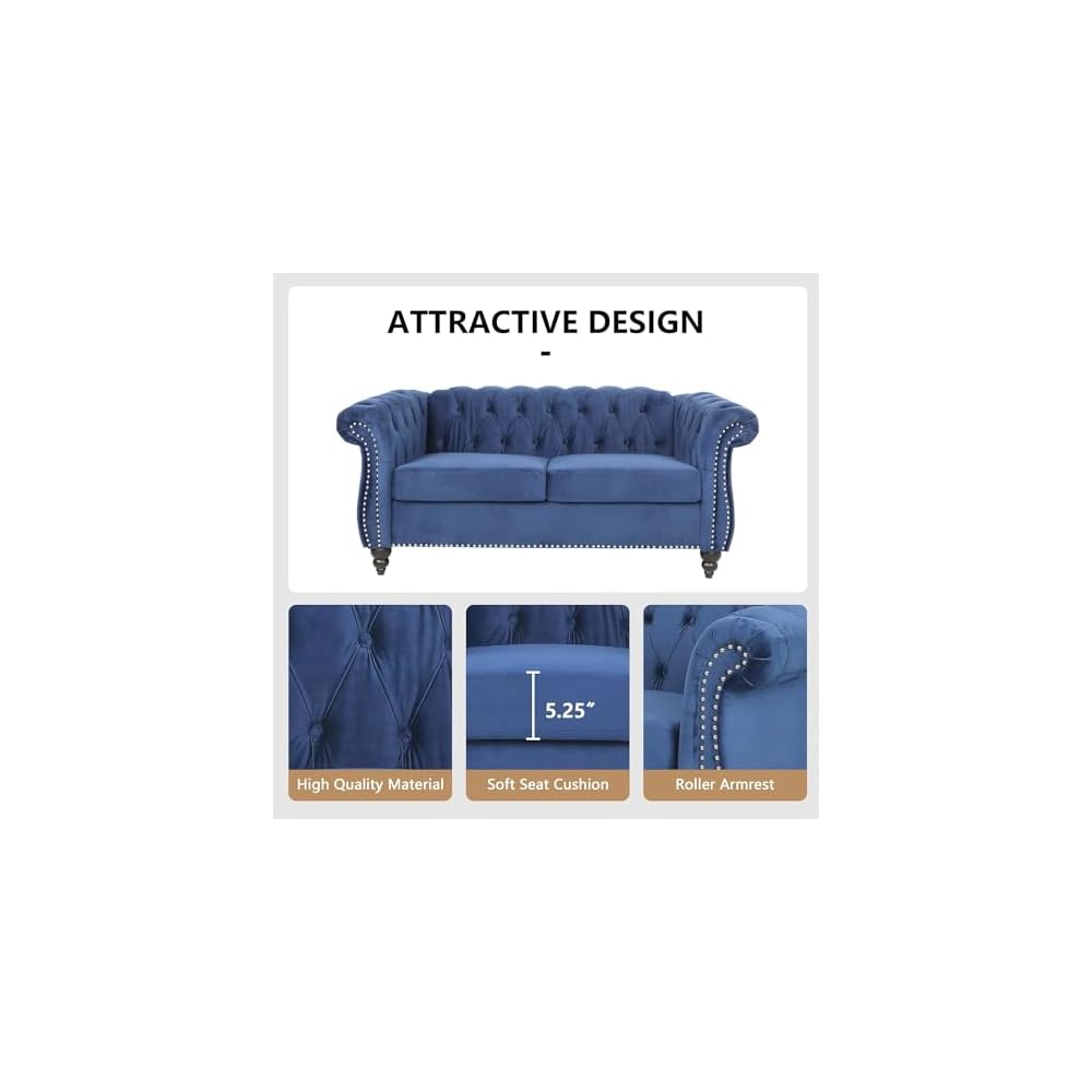 3 Piece Living Room Couch Set, Sectional Chesterfield Sofa Chair Contemporary Upholstered Velvet Loveseat Sofa Sets for Living Room, Office, Small Apartment