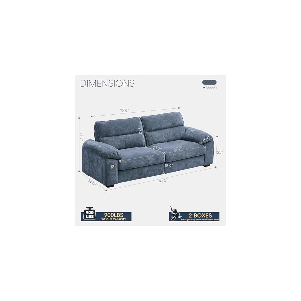 90" Modern Sofa for Living Room, Deep Seat Chenille Couch with Fast Charging Port & Removable Washable Cushions, Pillow-Armrest Loveseat for Small Space/Apartment, Sturdy Frame, Blue