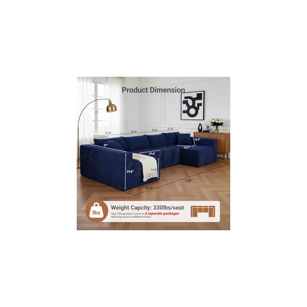 128" Modular U Shaped Sectional Couch, Deep Seat Bonless Couches for Living Room, Modern Couch with 6 Pillows, No Assembly Required, Blue