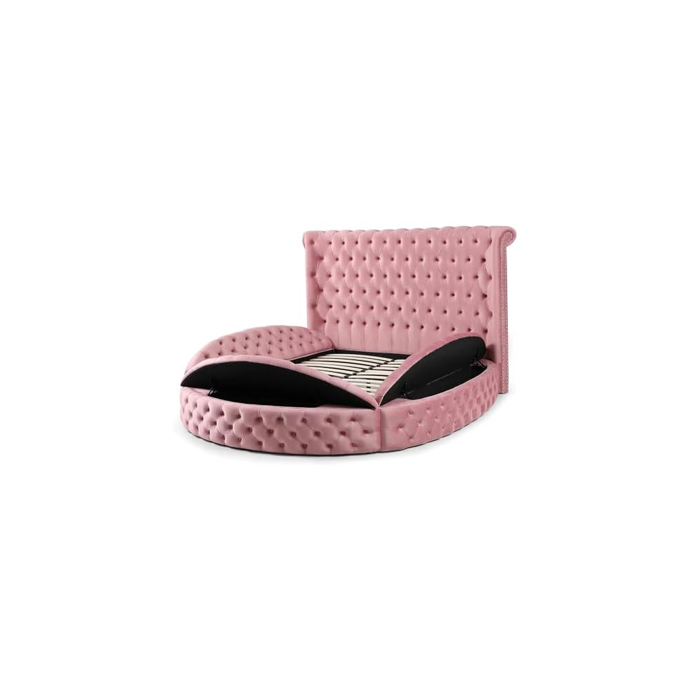 Elizabeth Velvet Round Storage Queen/King Bed (Pink, King)