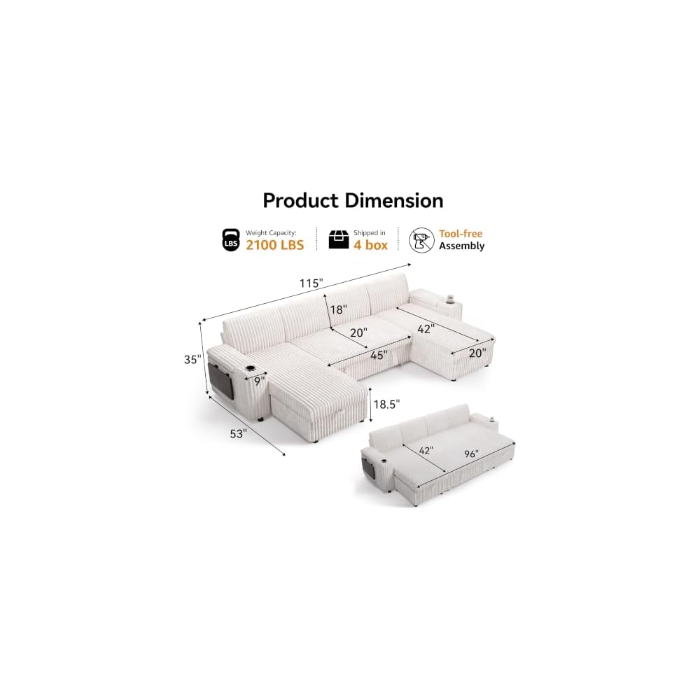 Modular Sectional Sleeper Sofa with Pull Out Bed, 108”U Shaped, Ivory