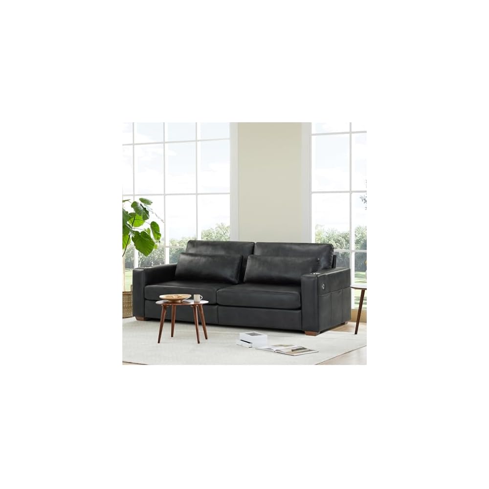 89" Sofa Couch for Living Room Faux Leather Upholstered Couch with Deep Seats and Wide Armrests 3 Seater Comfy Sofa with Cup Holders, USB & Type-C Ports, Spring Cushion, Solid Wood Frame Black