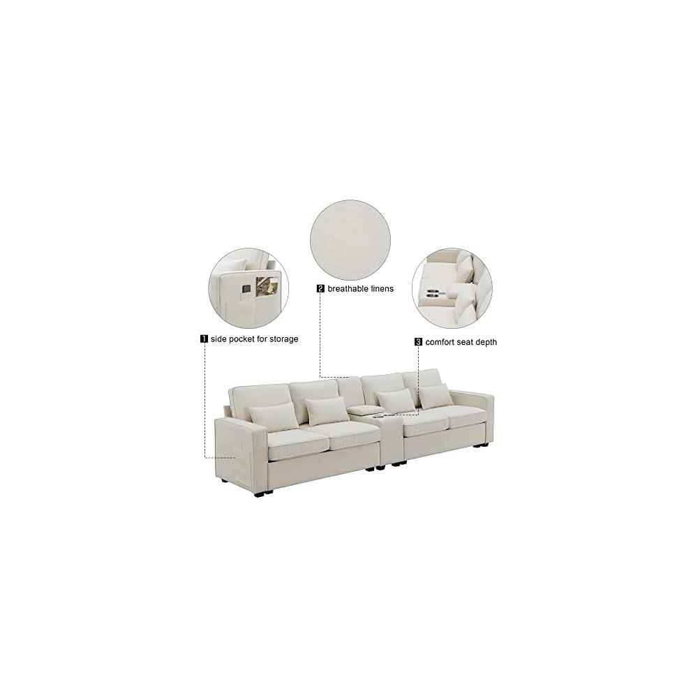 Upholstered Sectional Sofa with Console, 2 Cup Holders and 2 USB Ports & Wirelessly Charged, Modern Linen Fabric 4-Seat Couch with 4 Pillows for Living Room, Apartment, Office, 114.2inch