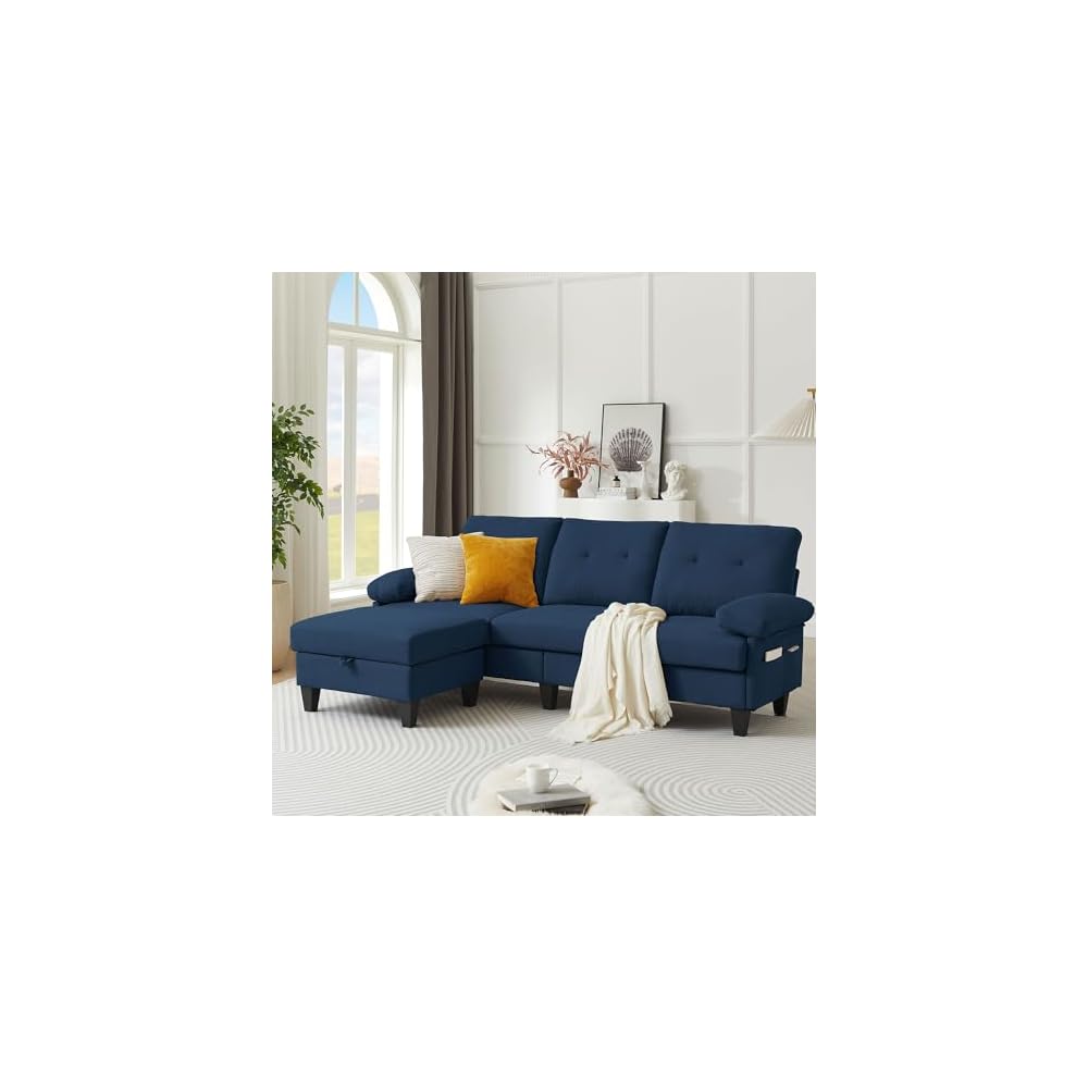 84" Convertible Sectional Sofa, Deep 3-Seat L Shaped Sectional Couch with Ottoman, Modern Linen Upholstered Couches for Living Room, Apartment and Small Spaces (Blue)