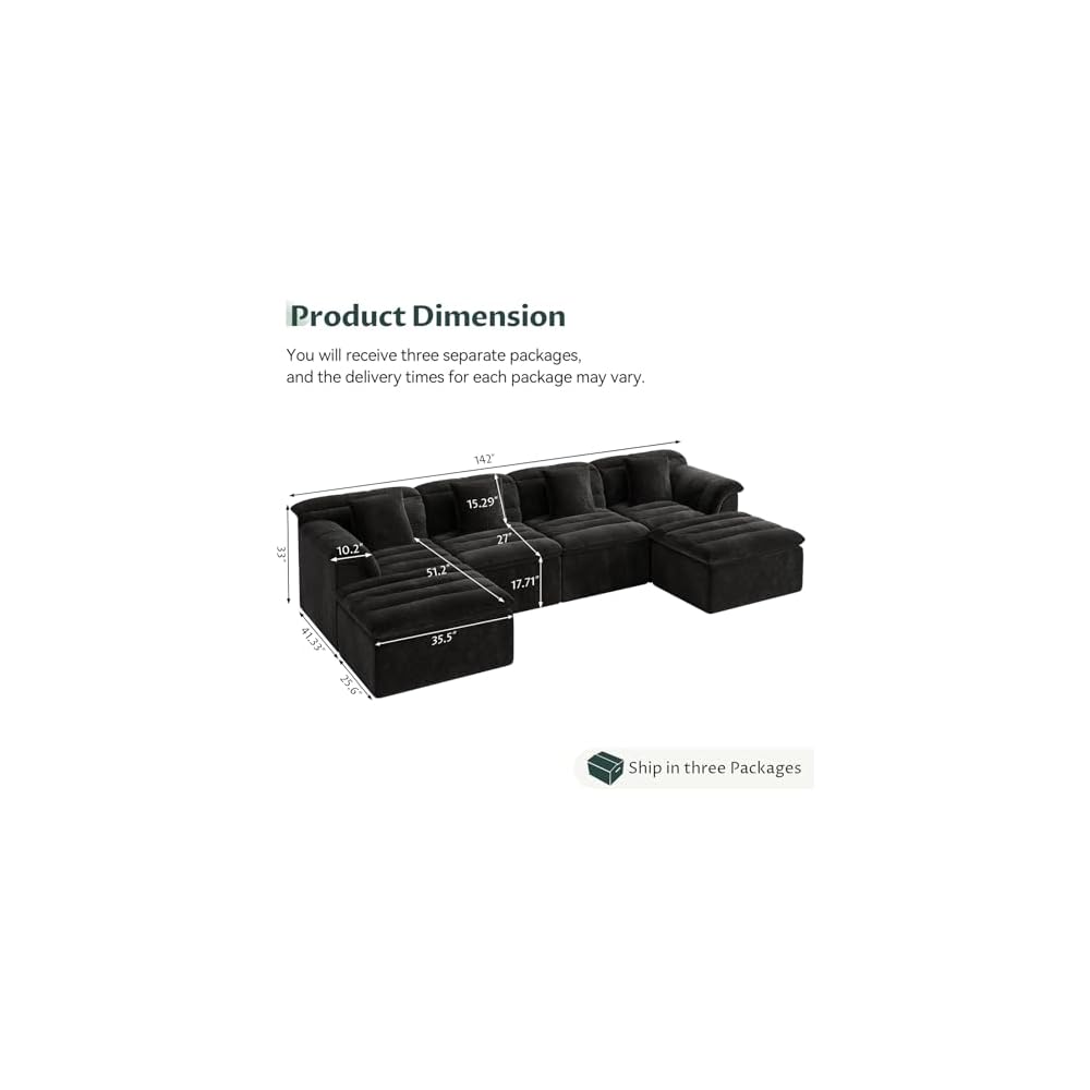 142" Modular Cloud Sectional Couch with Ottoman, Modern Upholstered Compressed Sofa with Deep Seat, Comfy U-Shape Corduroy Couches for Living Room, No Assembly Required, Black