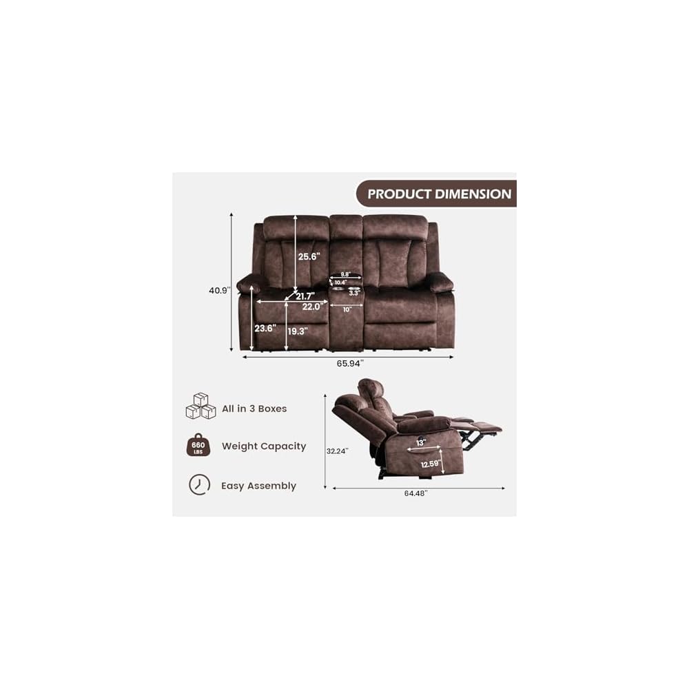 Power Reclining Loveseat with Console, Loveseat Recliner Sofa with Massage & Heat, Perfect Electric Couch for Living Room (Brown)