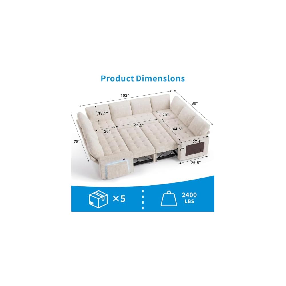 102" Sectional Sleeper Sofa with Pull-Out Bed 8 Seat Modern U-Shaped Modular Couch Reclining Backrest, USB Ports, LED Light, Side Table, Storage Seat, Tool-Free Assembly, Chenille Beige