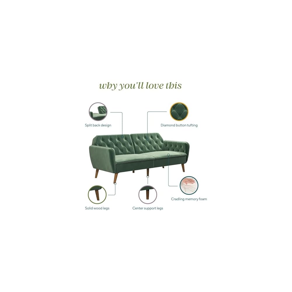 Tallulah Memory Foam Futon Couch Bed, Futon Sofa Bed - Light Green Velvet