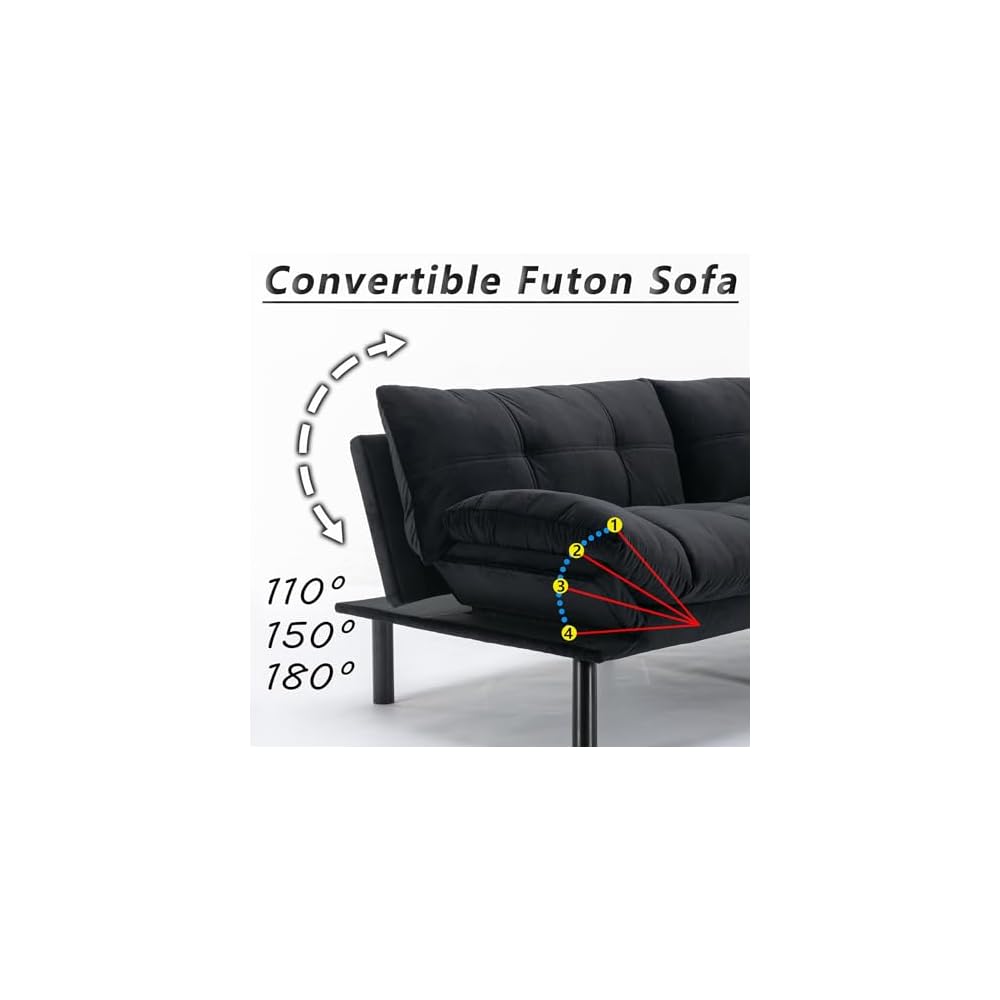 71" Velvet Futon Couch Bed with Mattress Included,Convertible Folding Sleeper Sofa Bed with Adjustable Backrests,Modern Loveseat Sleeper for Living Room Bedroom Small Space Home Office (Black)