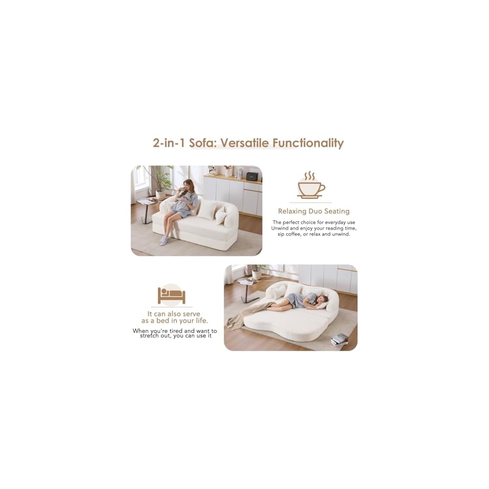 2-in-1 Chenille Convertible Love Seat Sleeper Sofa, 70'' Folding Compressed Sofa Bed with 4 Pillows, Modern Boneless Curved Couch for Living Room, Apartment, No Assembly, White